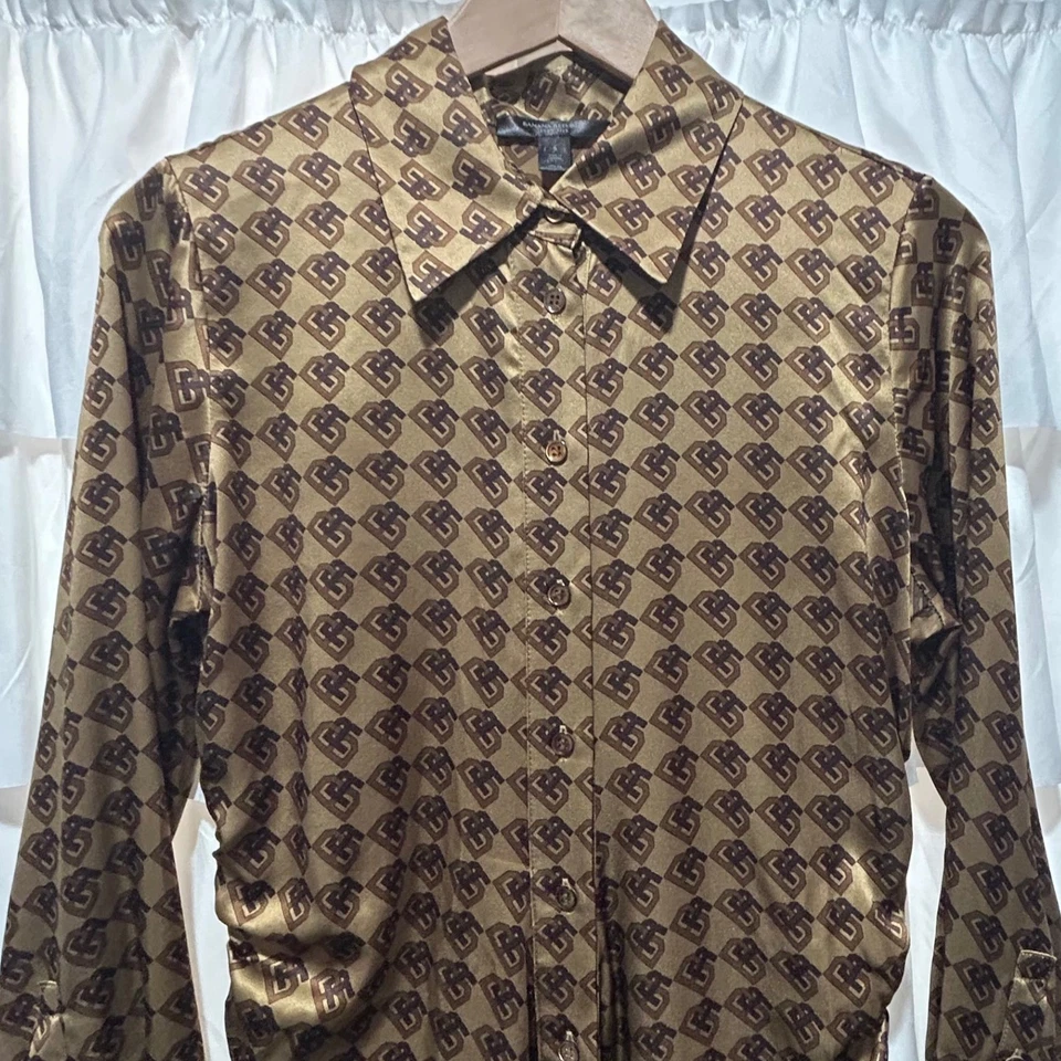Banana Republic 100% Silk Monogram Print Button Down Midi Shirt Dress Size Small - Image 4 of 4