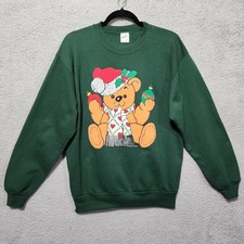 Vintage Velva Sheen Christmas Teddy Bear Green Sweatshirt Medium 80s 90s