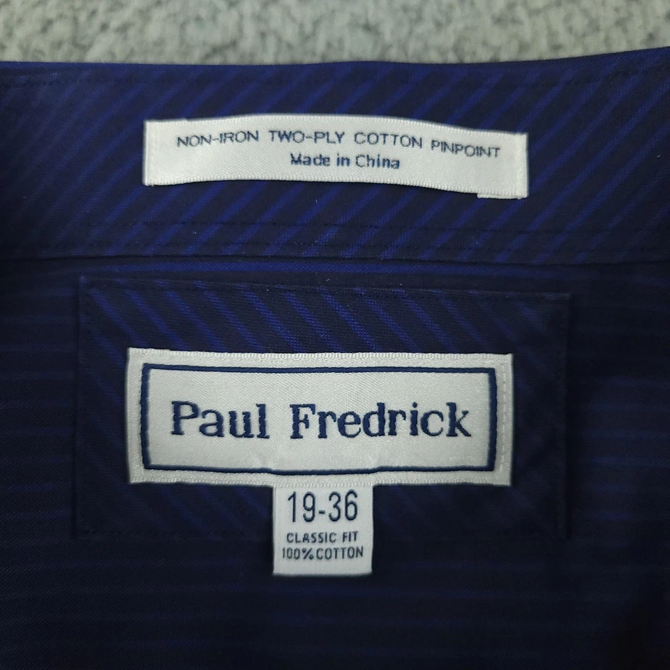 Paul Fredrick Shirt Mens 19-36 Blue Stripe Classic Fit Non Iron Dress Cotton - Image 4 of 4