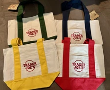 TRADER JOE'S MINI Canvas Tote Bags - Blue, Green, Red, Yellow - NEW w tags