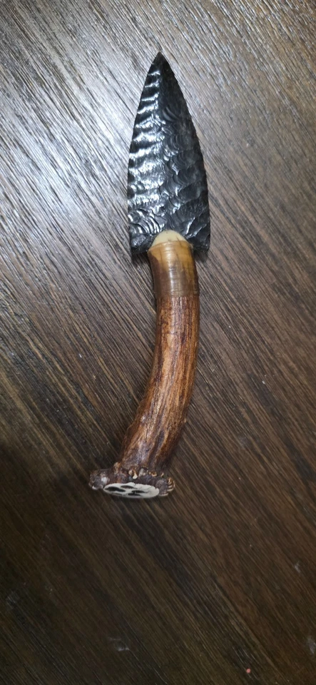 Cuchillo de hoja de obsidiana cortada hecho a mano mango de asta pata de oso pomo [179] Foto 2 de 3