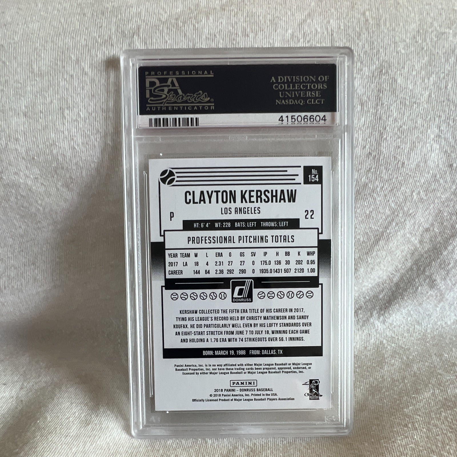 Panini 2018 Donruss Clayton Kershaw The Humanitarian #154 Dodgers PSA 10 view 2
