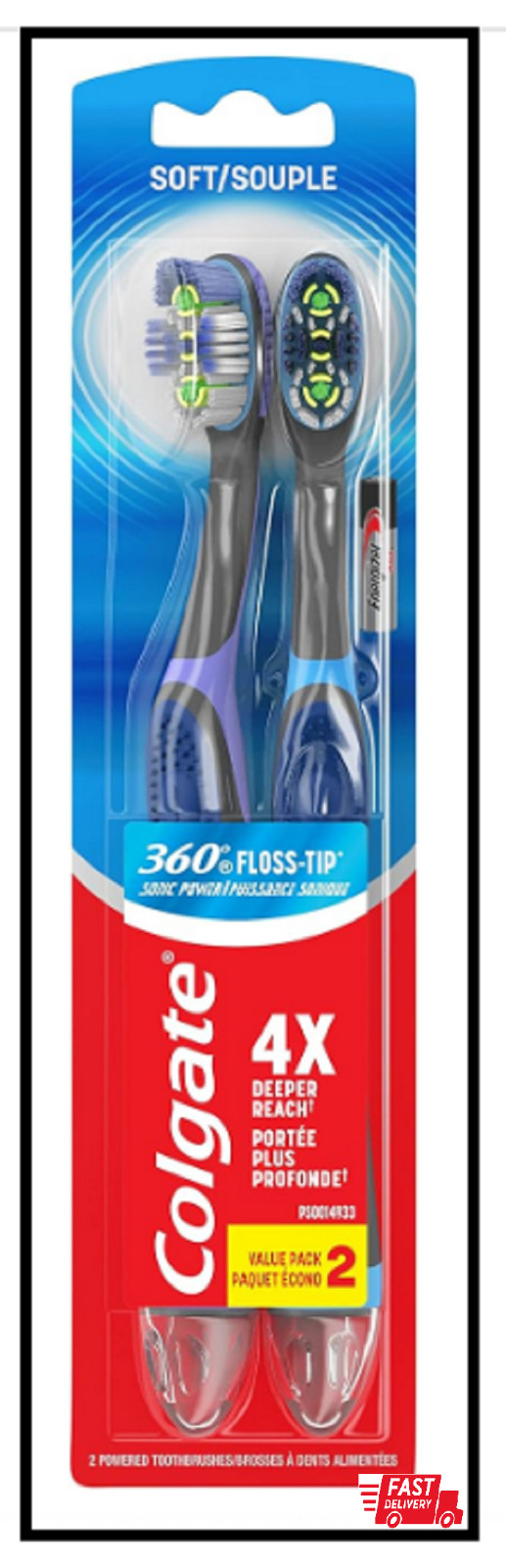 2-Pk 360 Sonic Battery Power Electric Toothbrush w/ Tongue &