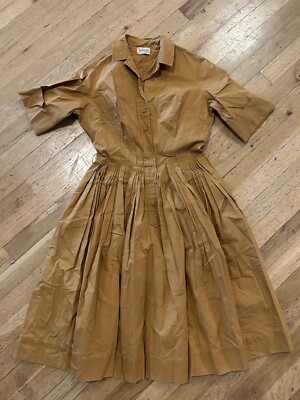 Vintage Junior Set Dallas Mustard Pleated 50s Dress S Button Front June Cleaver