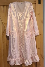 Vintage Kathryn Pink Satin Nightgown Size L Cotton Lined Lace Pintuck Pockets