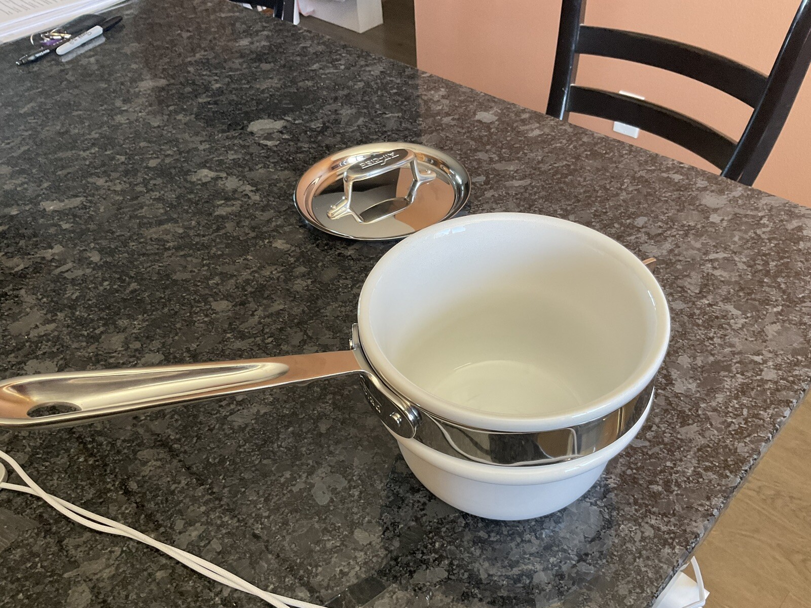 AllClad Copper Core 2qt Saucepan With Lid & Porcelain Double Boiler