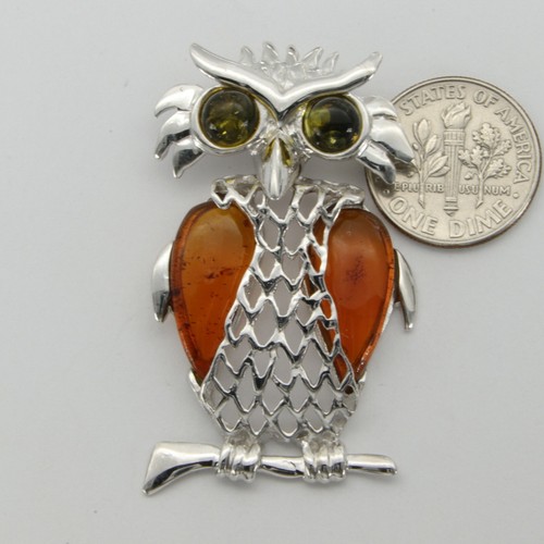 Natural, Multi-Color BALTIC AMBER Owl Pendant STERLING SILVER - Poland #3510 - Picture 2 of 3