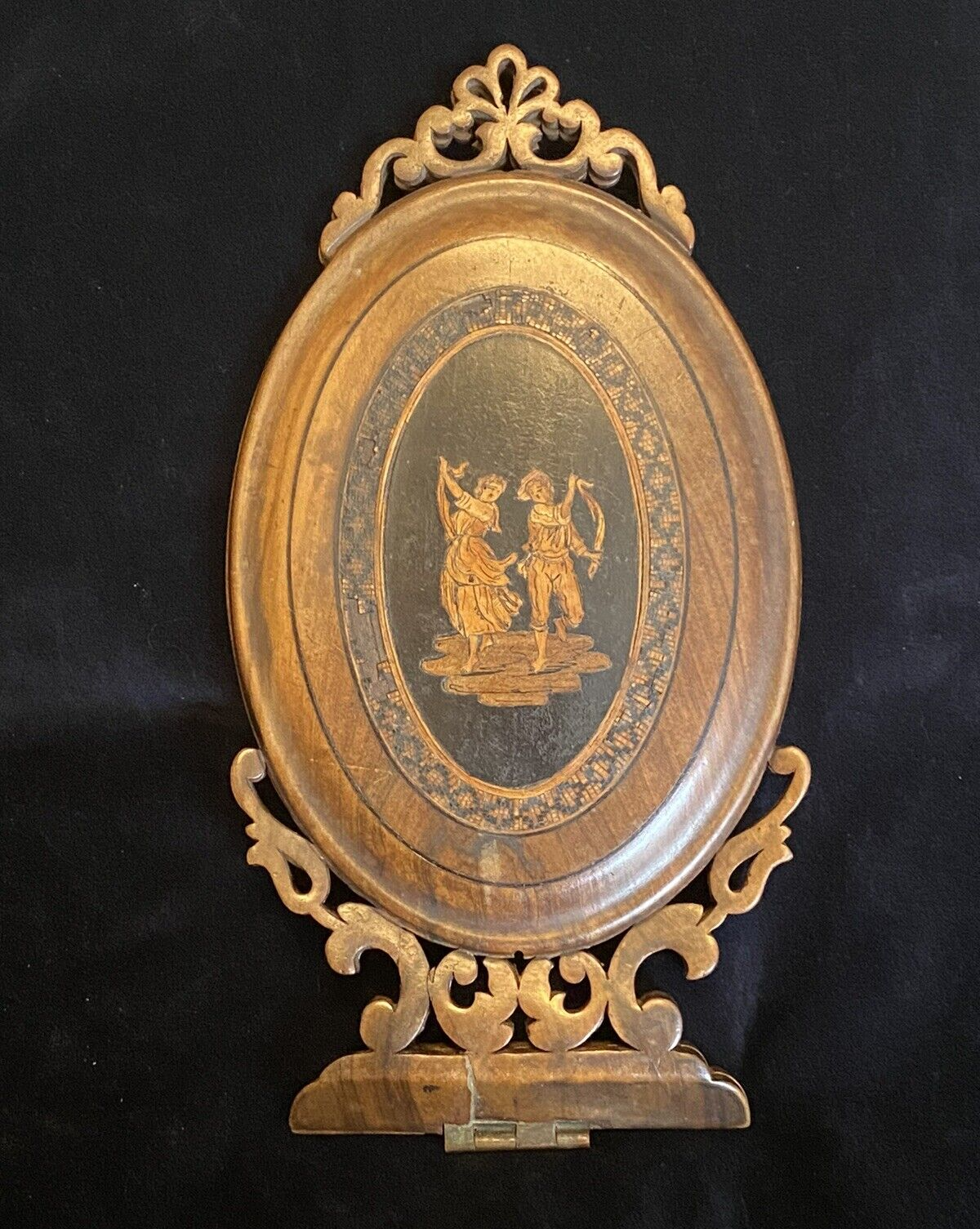 Antique Oval Carved Wood with Inlay Folding Opening Vanity Mirror Victorian Era