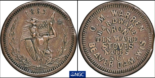 1863 F55C-1a Beaver Dam WI NGC AU50BN - Curved Planchet Clip @ 3:00 Amazon/Spear