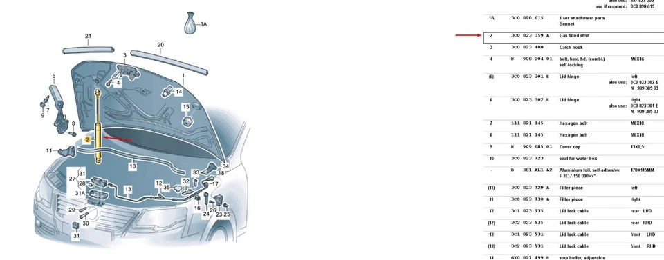 Подлинная газовая стойка переднего капота Volkswagen Passat 2006-2008 3c0823359  - Изображение 4 из 4