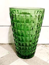 GREEN Windsor Art Glass Vase Vintage 10" MCM jEANNETTE BLENKO? Geometric Diamond