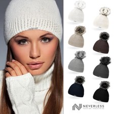 Damen Strickmütze gefüttertert Fell-Bommel Kunstfell Winter-Mütze Bommelmütze