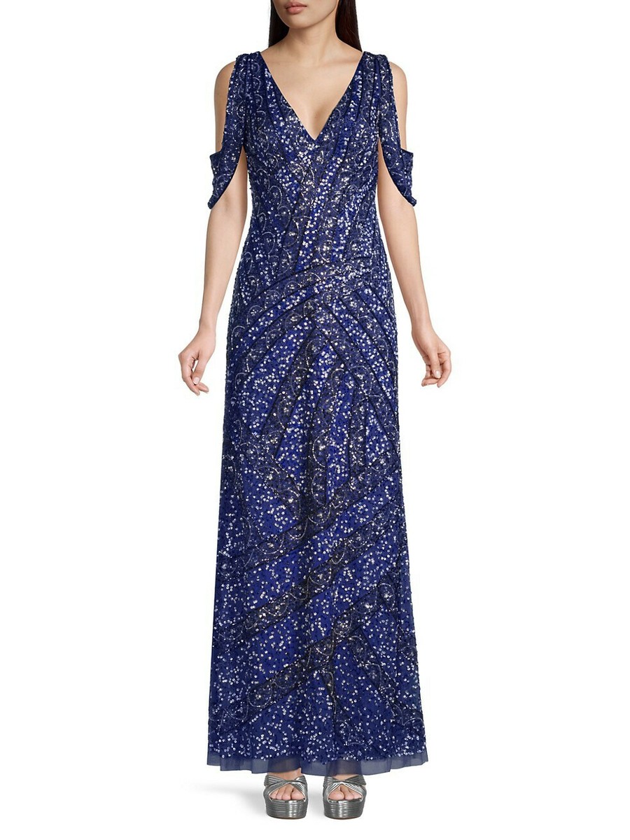 Aidan Mattox Fully Beaded Cold-Shoulder Gown, V-neck, Back zip, Size 8,  $550 NWT - Main Image