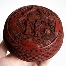 Fine Chinese Antique Vintage Cinnabar Lacquered Round Covered Box 19th-20th C