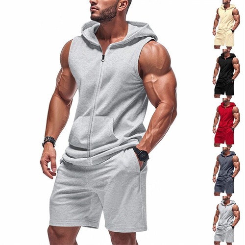 Herren Fitness Trainingsanzug 2-teiliges Set Ärmellos Kapuze Weste T-Shirt Shorts Outfit Set - Bild 1 von 20