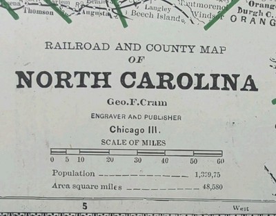 Vintage 1884 NORTH CAROLINA Map 13''x11'' Old Antique Original RALEIGH DURHAM CARY