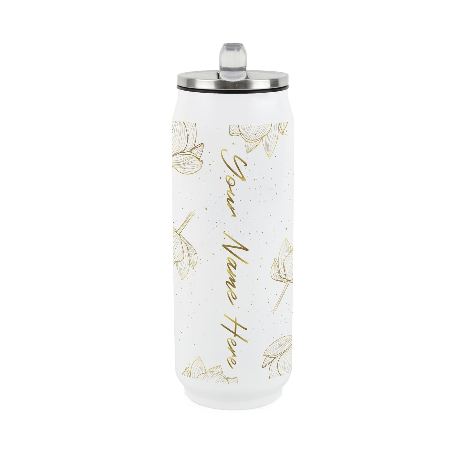 Personalised Golden Flowers Large Drinking Flask with Straw - Travel Mug Gifts