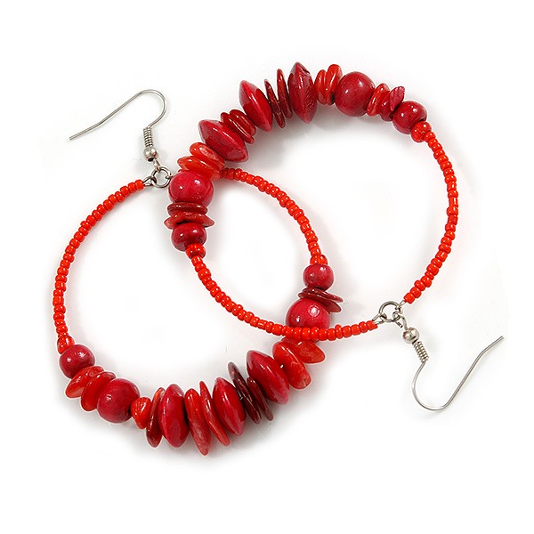 Large Red Glass, Shell, Wood Bead Hoop Earrings In Silver Tone - 75mm Long