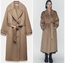 Zara Double Faced Wool Blend Coat Size M Camel NEW Long Belted Fall Jacket
