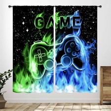 Gamer Curtains for Boys Room, Blue Flame Video Gamer Kids Teen Bedroom Window