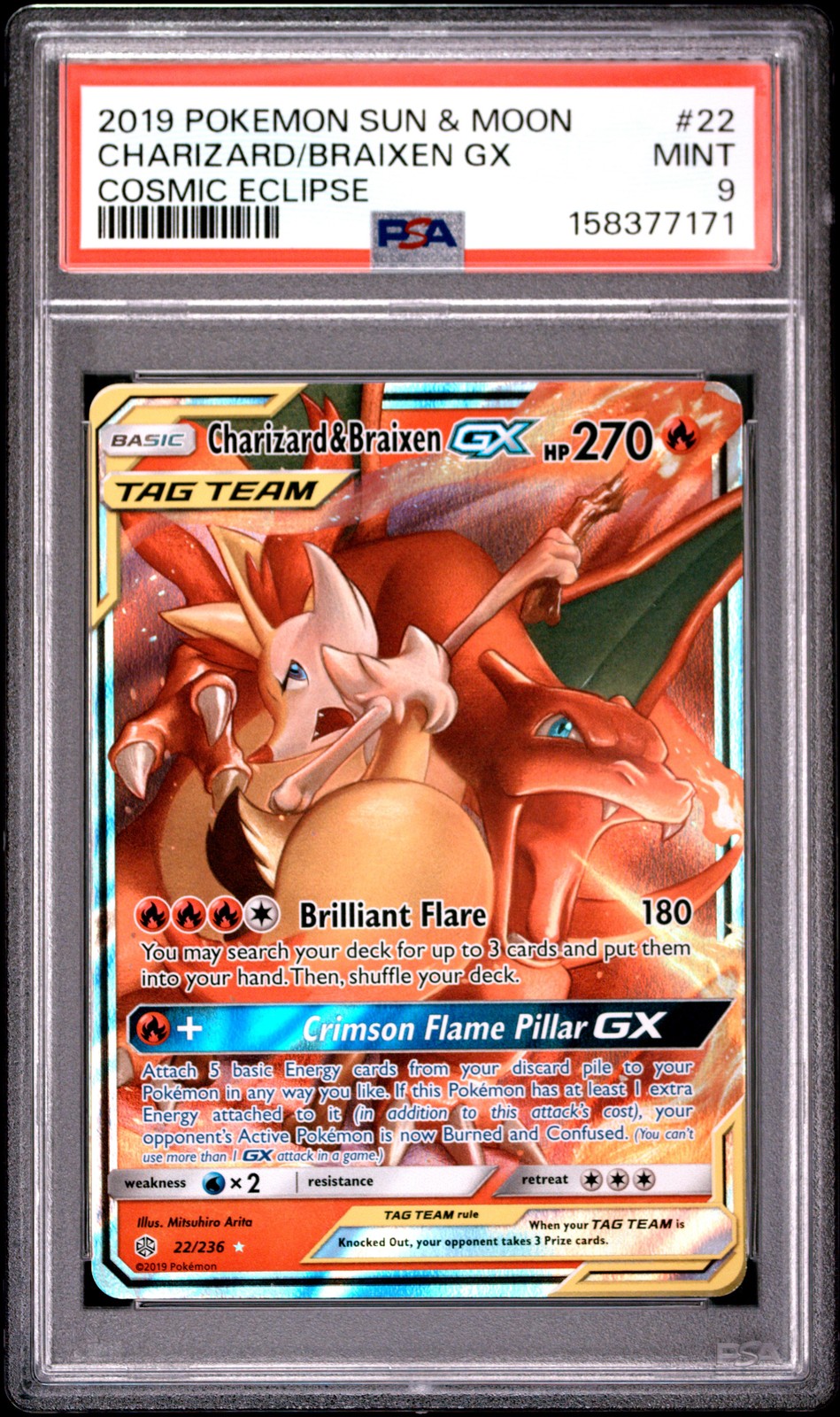 2019 POKEMON SUN & MOON COSMIC ECLIPSE #22 CHARIZARD & BRAIXEN GX PSA 9