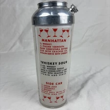 Vintage Glass Cocktail Drink Shaker- 1960’s Drink Recipes. 9 1/2” Tall 