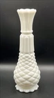 Vintage White Milk Glass Bud Vase Pineapple Diamond Quilted Pattern 9"H EUC Nice