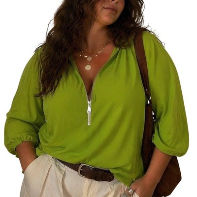 Carmen Marc Valvo Woman 3X Green Blouse Zip Neck Puff Minimalist Lagenlook