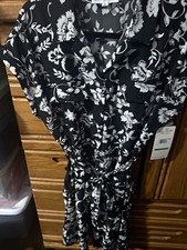 Lucky Brand Black White Floral Shirt Dress Button Front Belted Collared L