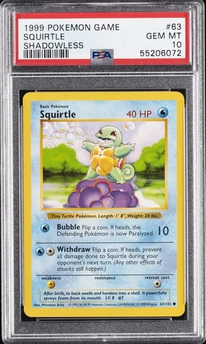 1999 POKEMON BASE SET SHADOWLESS #63 SQUIRTLE PSA 10