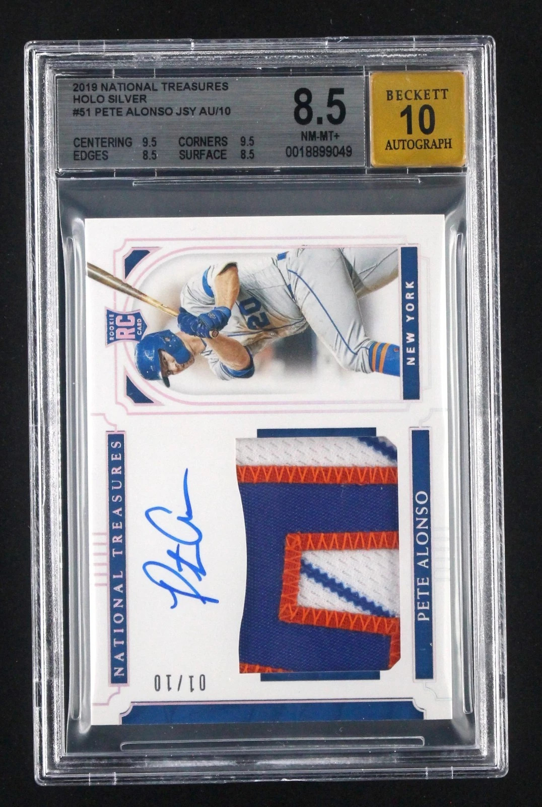 2019 National Treasures Pete Alonso Patch & Auto Silver /10 #51 BGS 8.5 Rookie