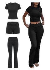 Casual Women's 3-Piece Set Short Sleeved T-Shirt High Waist Folded Shorts Fla...