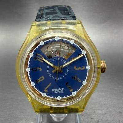 Swatch Automatic NACHTIGALL Watch Men 37mm Blue Dial Clear Round Runs SAK104 AD