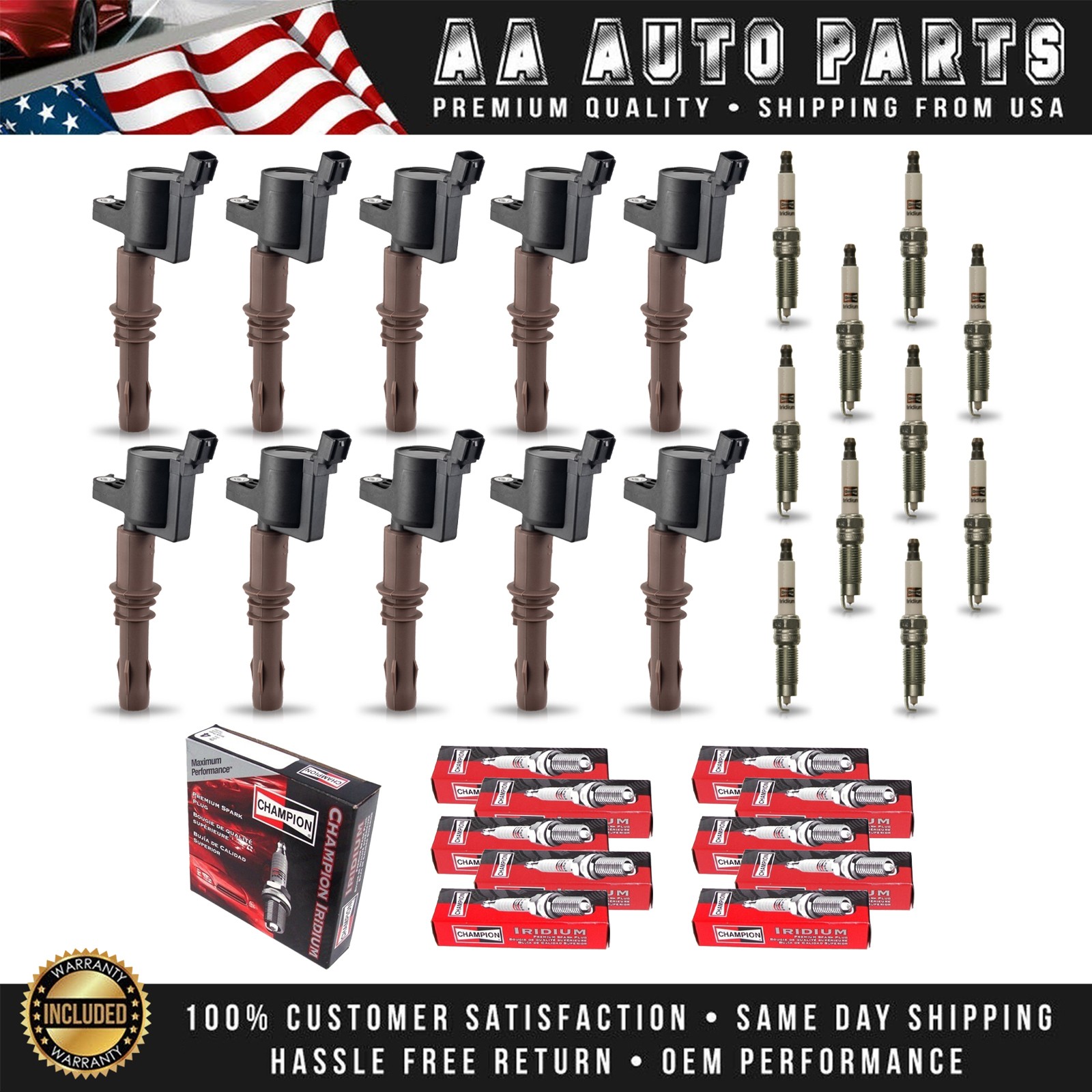 10 Ignition Coil  10 Champion Iridium Spark Plug for 2016-2019 Ford F-750 6.8L