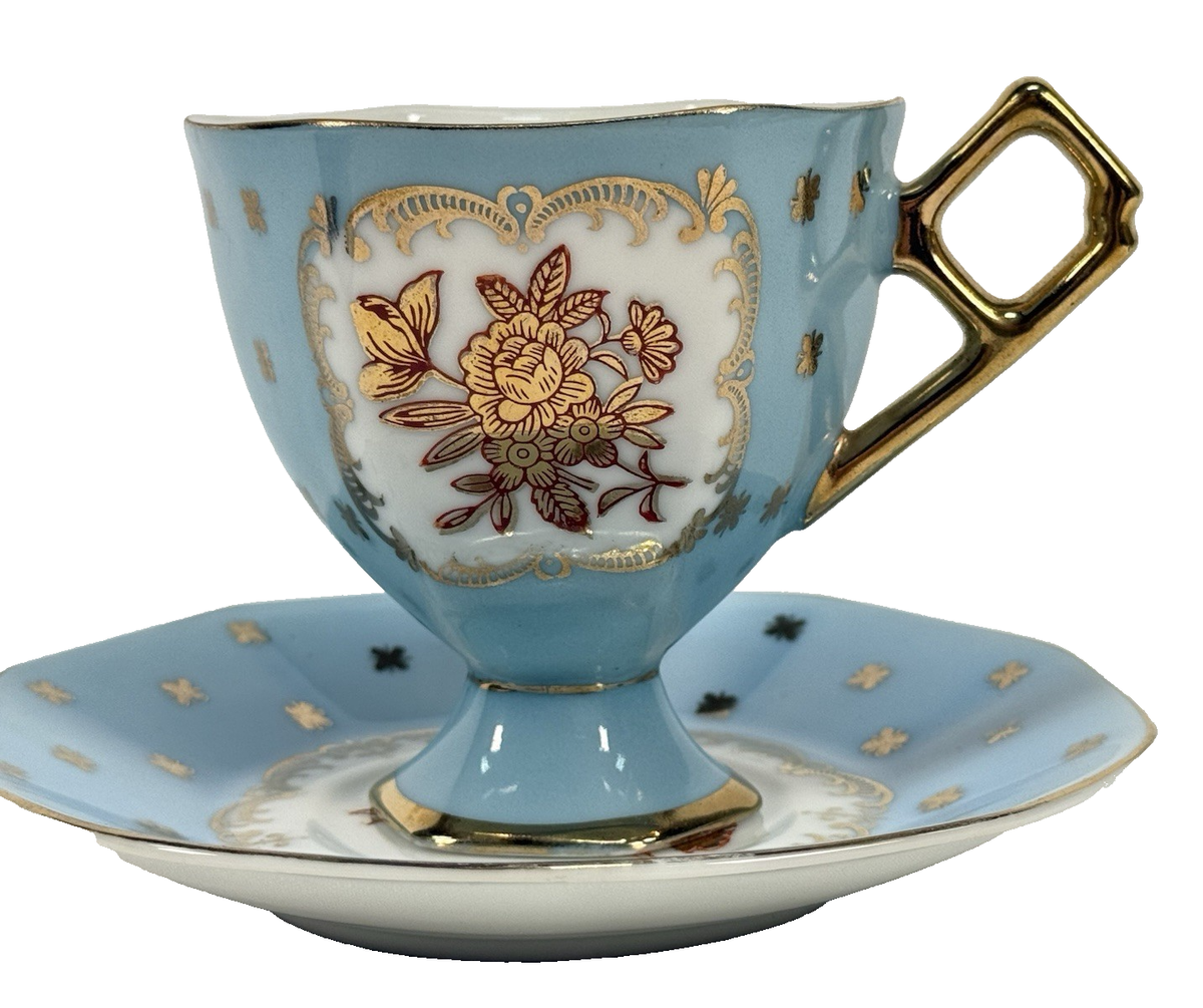 Vintage Shafford Japan Demitasse Cup Saucer Set Blue Gold