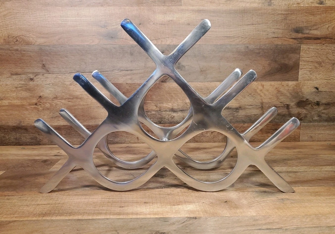 Brutalist Vintage MCM Style Silver Metal Art Wine Rack Holder