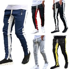 Mens Slim Fit Zipper Casual Jogger Track Pants Sweatpants Gym Activewear Striped