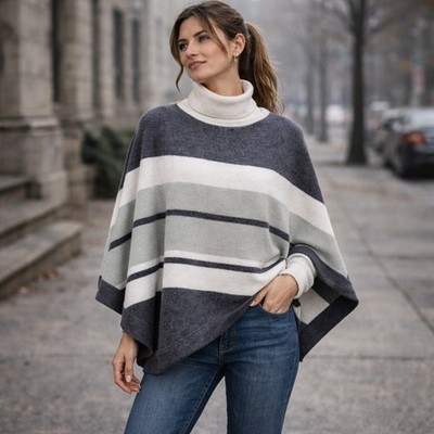 Barefoot Dreams Plus CozyChic UL Ocean Breeze Poncho Blue Water Multi Stripe NWT
