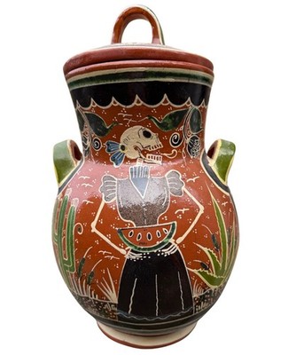 Javier Ramos Lucano Tonalá Petatillo Vase Skeleton Motif Signed Mexican Folk Art