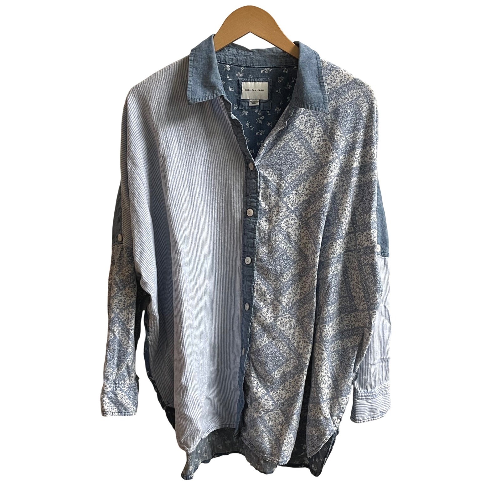 American Eagle Patchwork Striped Floral Button Up… - image 1