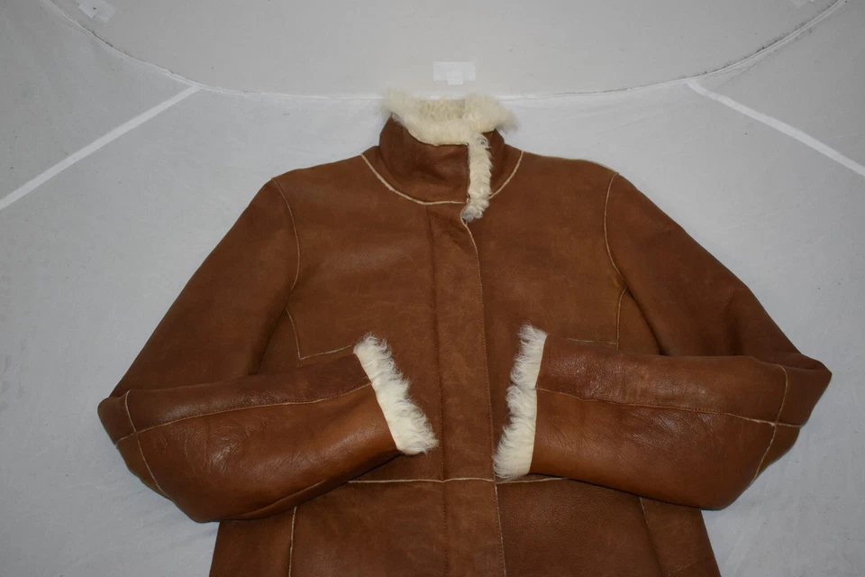 Burberry Brown Leather Zip Sheepskin Shearling Jacket Trench Coat Womens UK8 US6 - Image 4 of 4