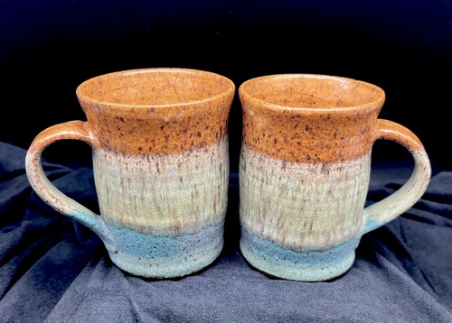 Set of 2 Hand Thrown Studio Art Pottery Mug Drip Glaze Artist Signed Stoneware