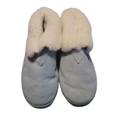 RJ's Fuzzies Womens Blue Suede Sheepskin Lined Bootie Slippers 8 Leather Sherpa
