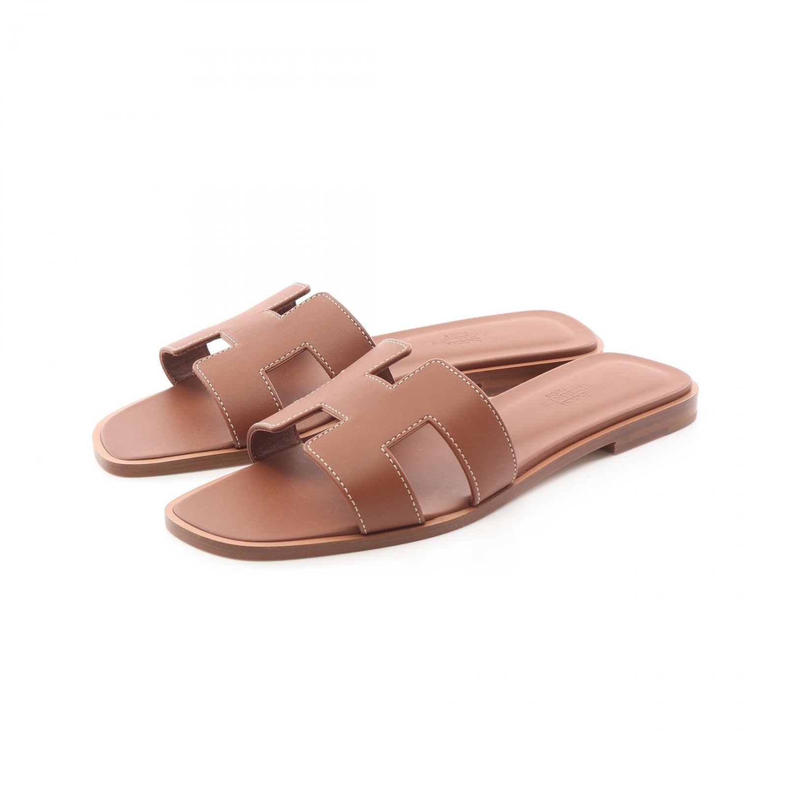 HERMES Oran Sandals Size 37 in Brown Gold Calf Leather Pre-Owned Luxury