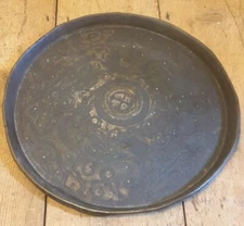 Primative Antique Brass Tray With Etched Pattern