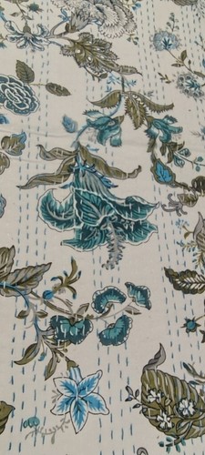 Indian Hand Block Floral Queen Size Cotton Kantha Quilt Throw Blanket Bedspread - Picture 8 of 8