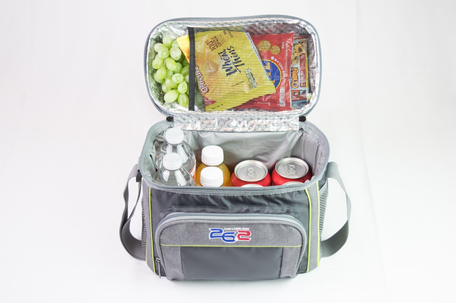 9 can tall cooler lunch bag with mesh food storage on inner top