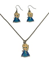 Elsa Princess Cartoon Character Metal Pendant Necklace And Earrings Set