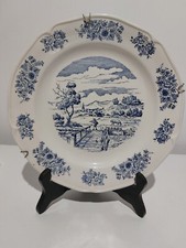 Ancienne Assiette GIEN France - Décor Bleu Paysage au Pont et Fleurs - Vintage 