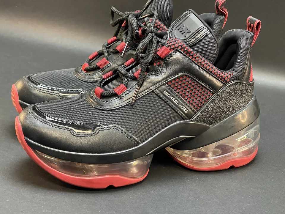 Zapatilla deportiva gruesa Michael Kors Olympia Trainer negra y roja con plataforma talla 8,5 Foto 3 de 4
